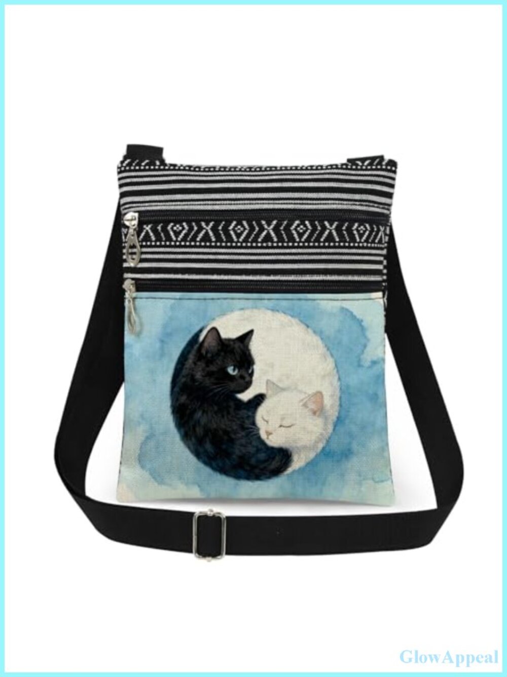 Cat Print Crossbody Bag Polyester Dual Pocket Adjustable Strap Purse